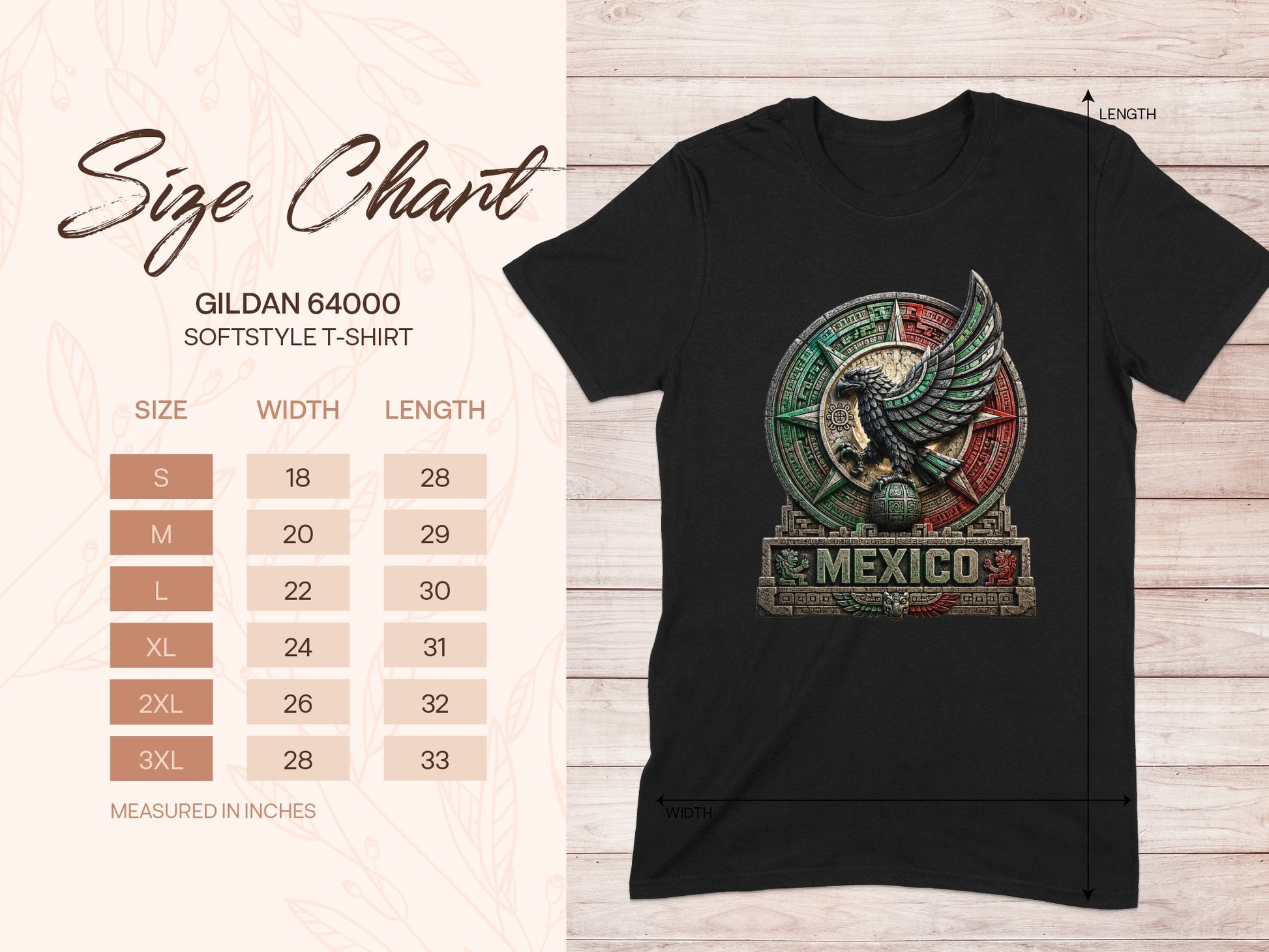 Gildan 64000 softstyle t-shirt size chart with width and length measurements in inches.
