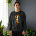 Man wearing black sweatshirt with religious depiction of Virgin Mary holding rosary.