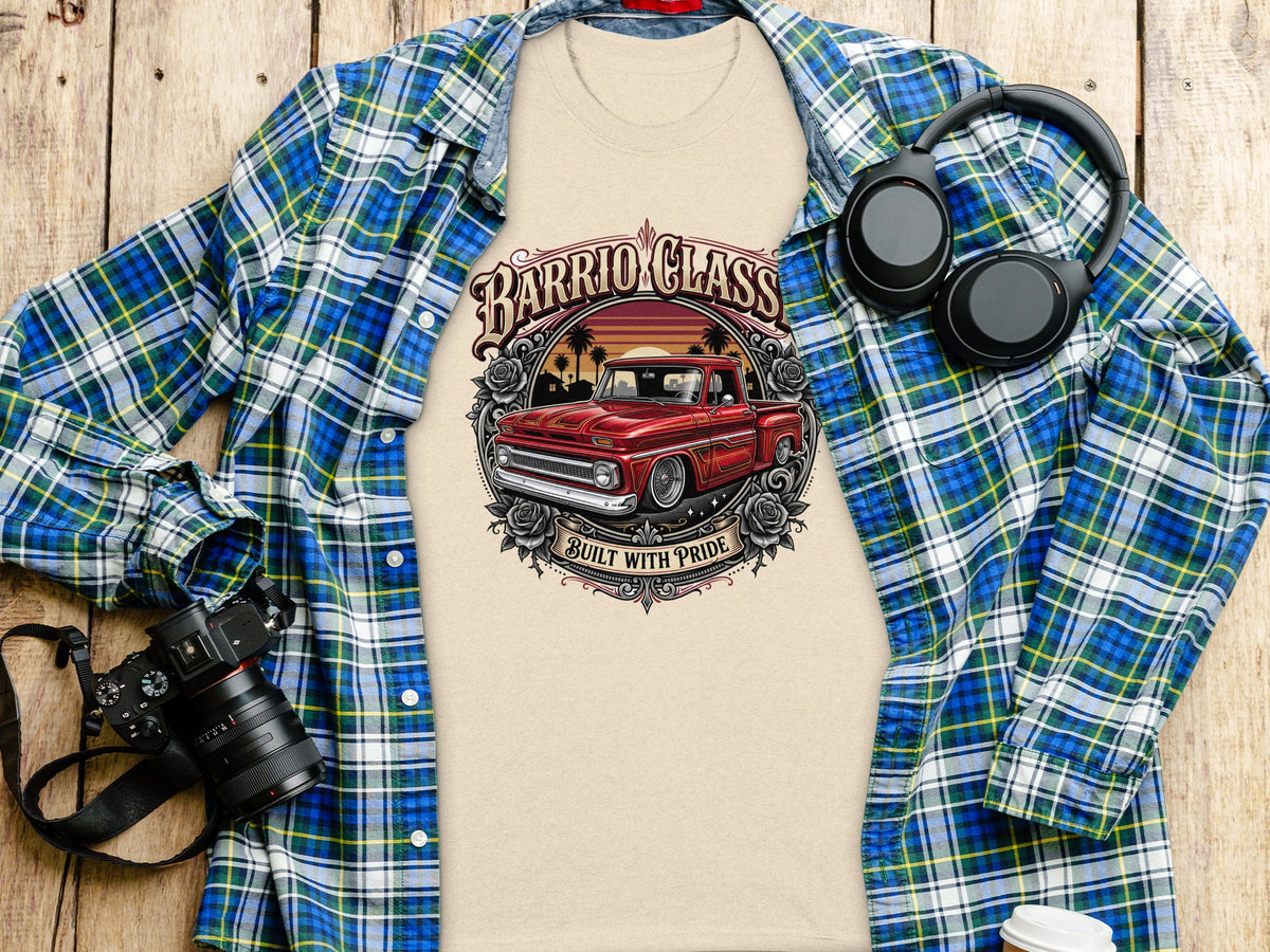 Tan t-shirt with red truck graphic and "Barrio Class Built With Pride" text.