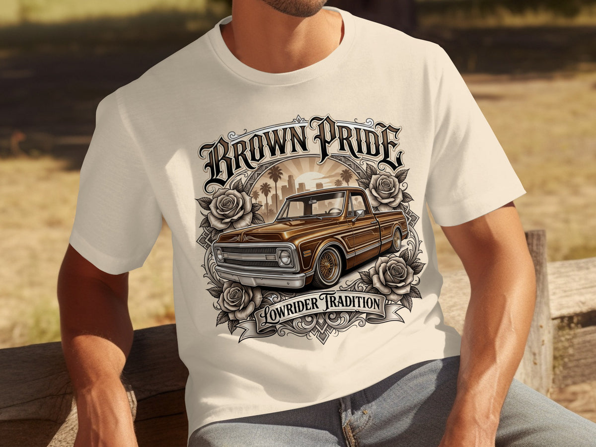 T-shirt graphic with "Brown Pride" text, vintage truck, roses, and city skyline.