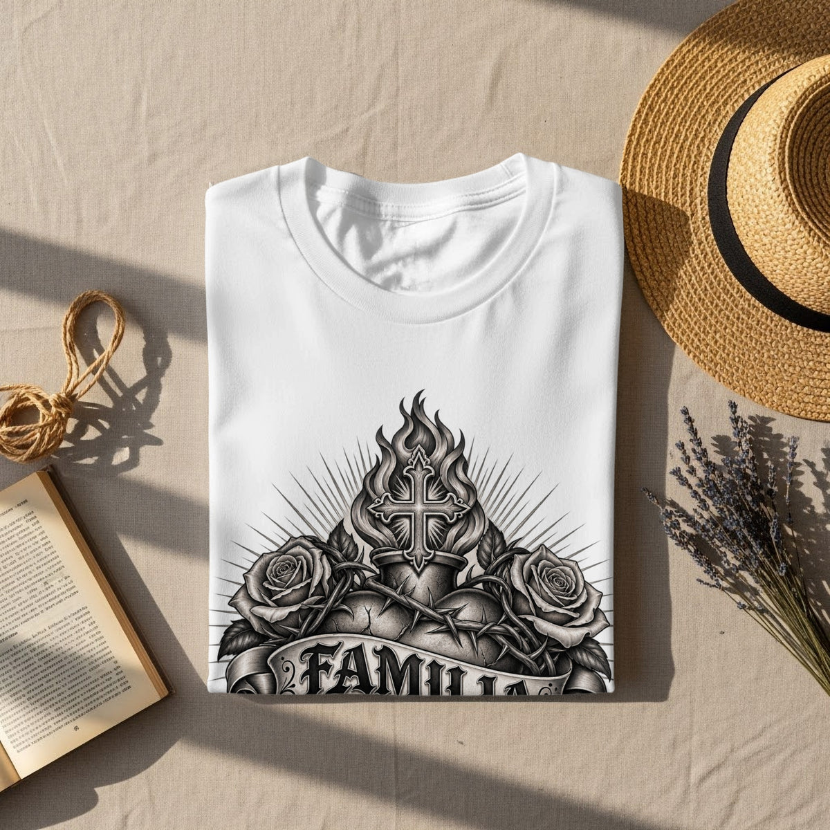 White t-shirt with a black and white graphic of a heart, cross, roses, and "FAMILIA" banner.