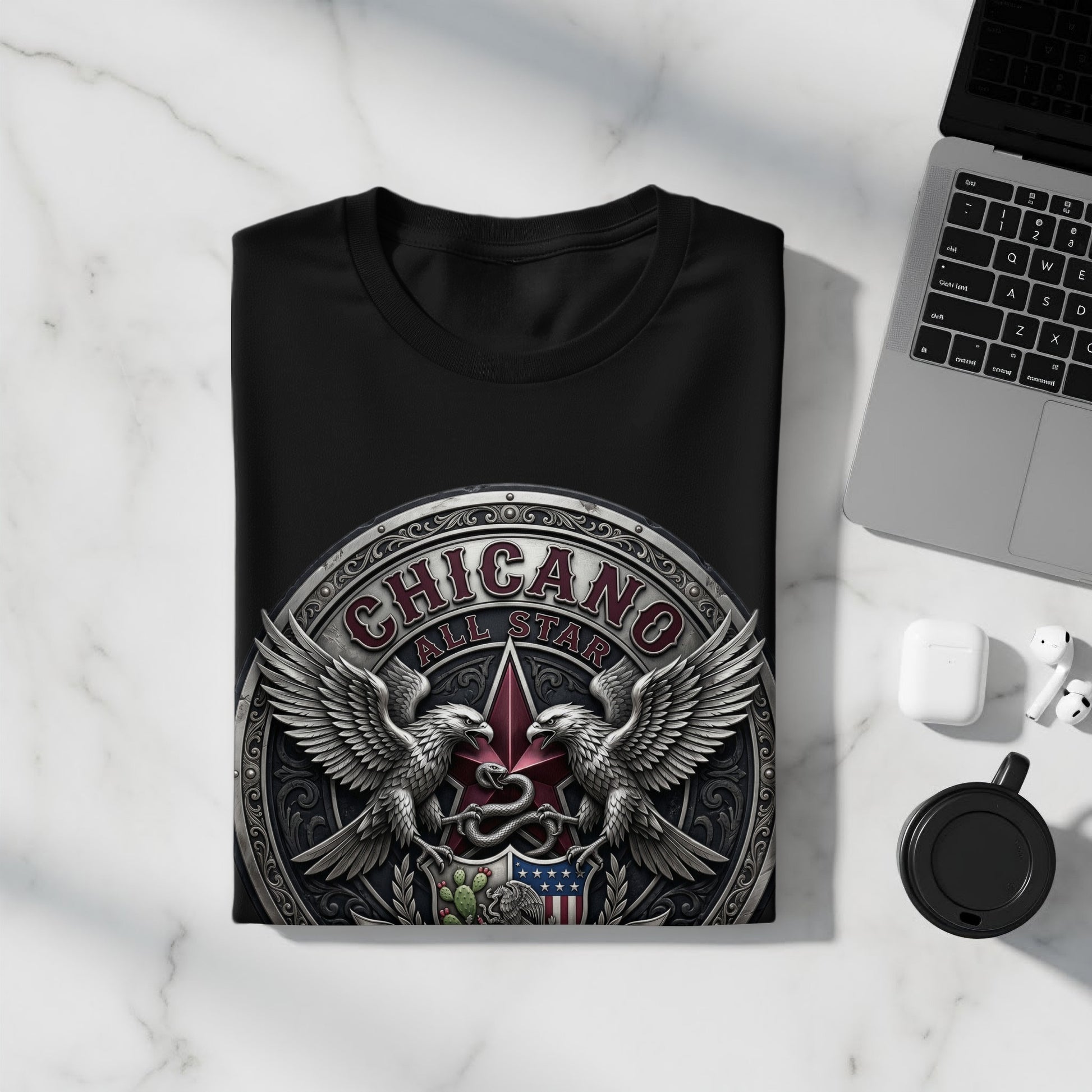 Black t-shirt with "Chicano All Star" circular logo featuring eagles and snake.