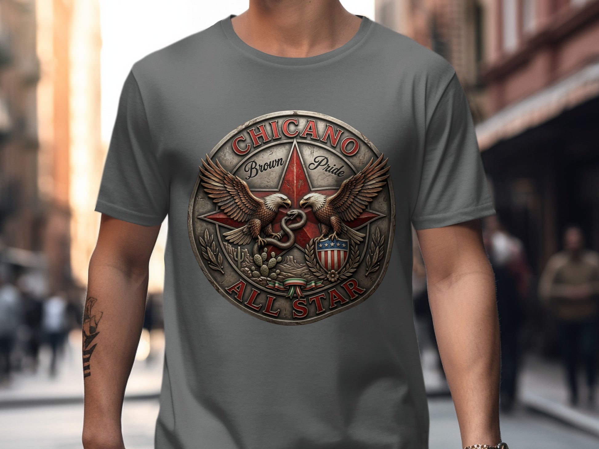 Chicano Brown Pride All Star t-shirt with eagles, snake, and stars and stripes shield.