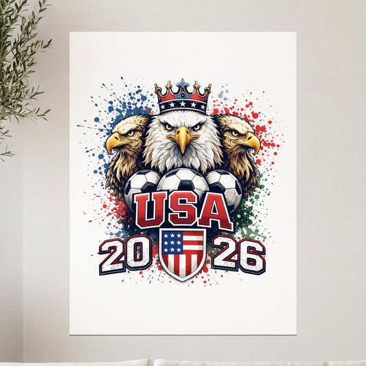Eagles in crowns with soccer balls, "USA 2026" text, shield, and paint splatters.