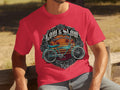 Red t-shirt with a circular graphic of a lowrider bicycle, roses, and palm trees.
