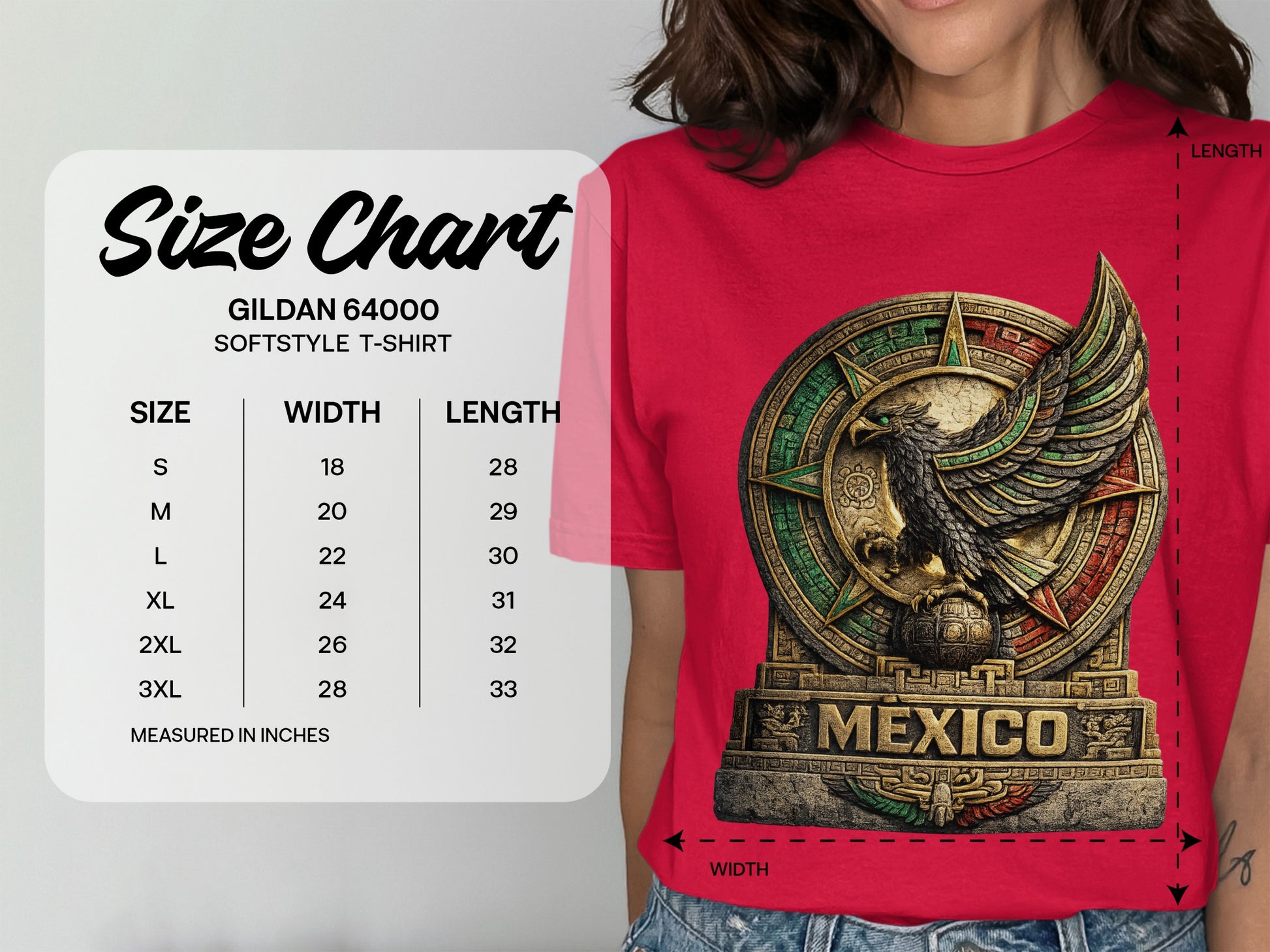 Gildan 64000 Softstyle t-shirt size chart with measurements in inches.