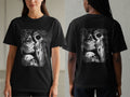 Black t-shirt with skull and floral Day of the Dead graphic on the front and back.