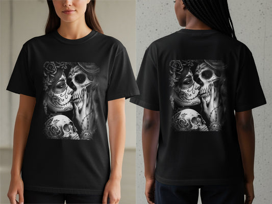 Black t-shirt with skull and floral Day of the Dead graphic on the front and back.