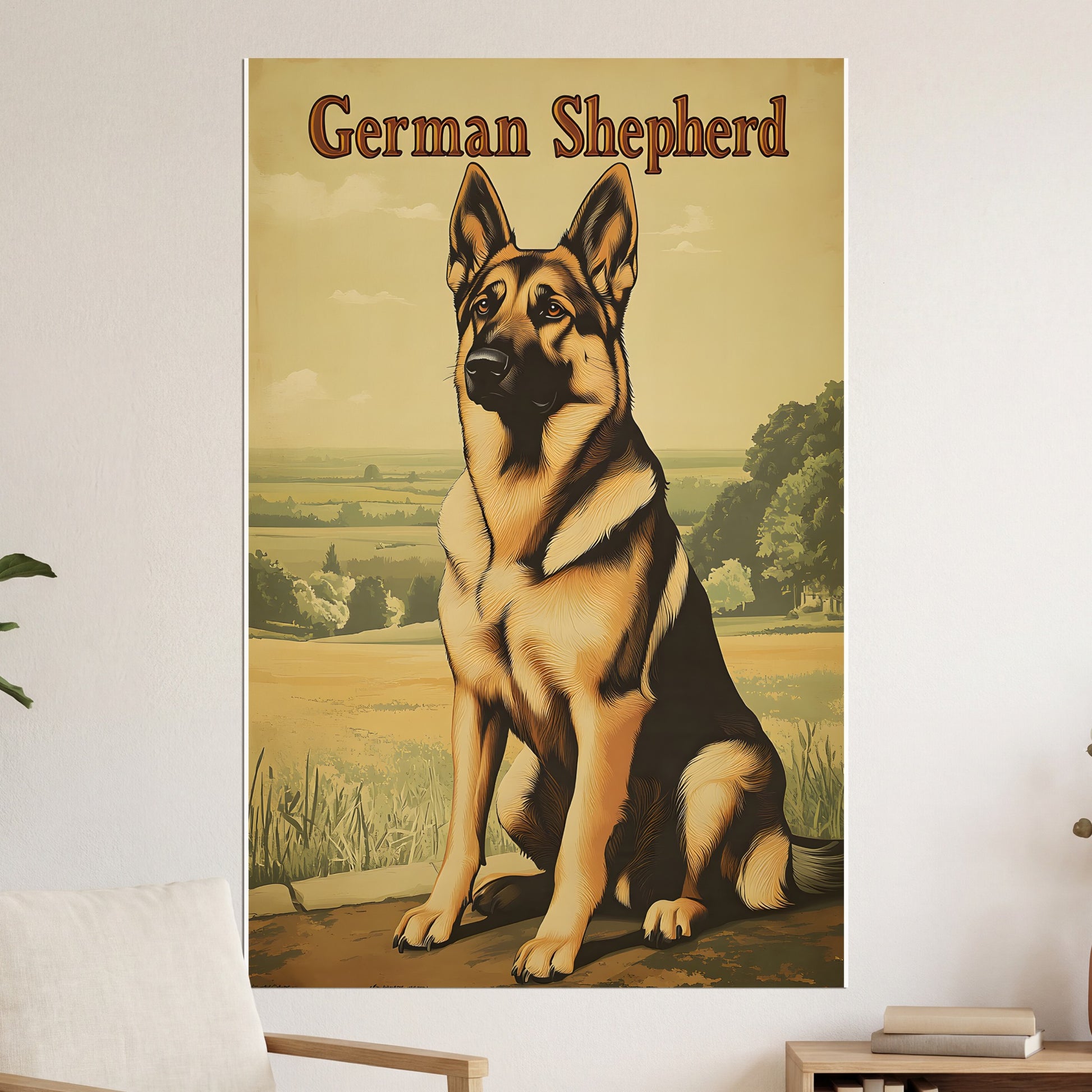 German Shepherd dog sitting outdoors in a grassy field.