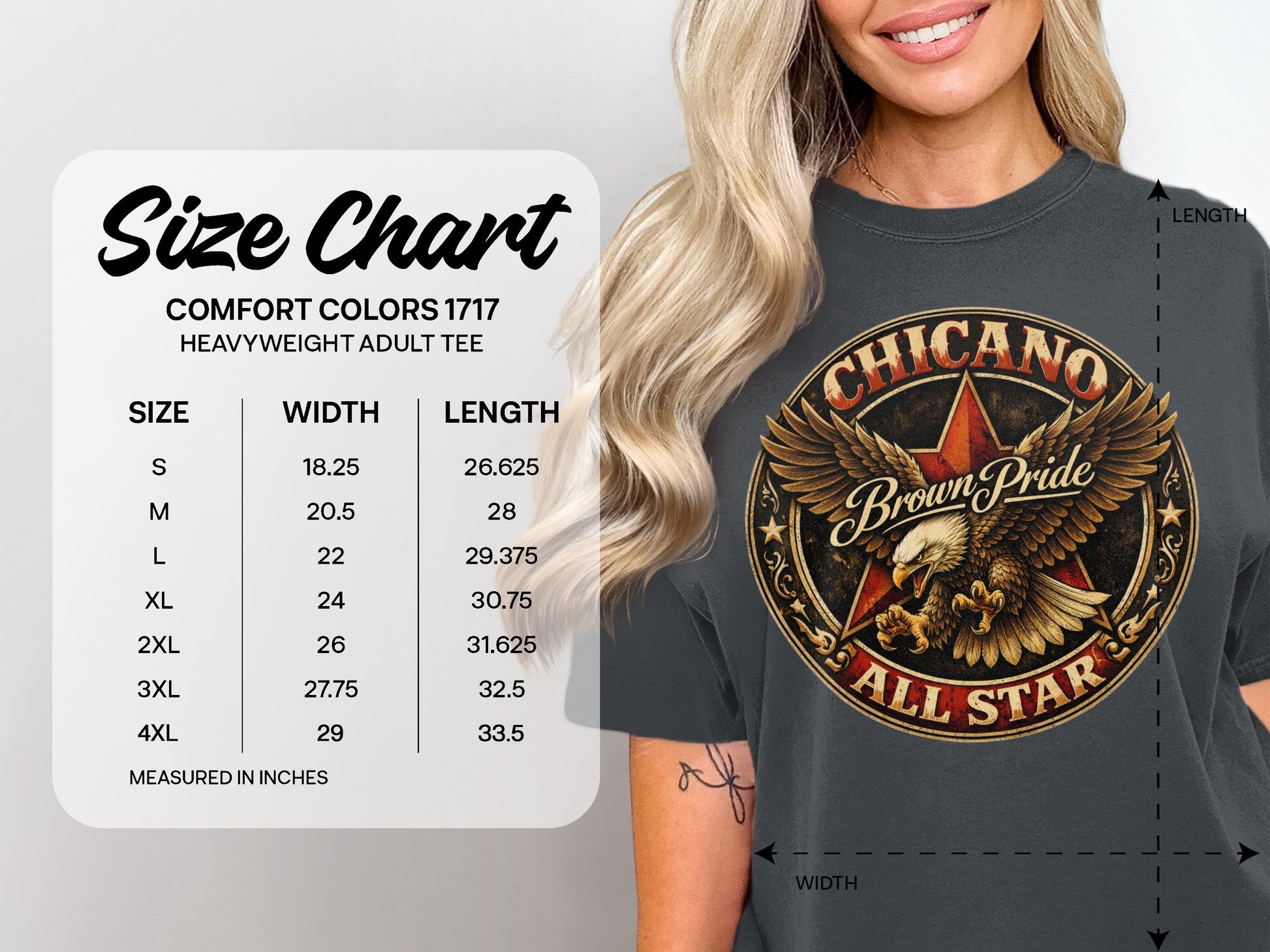 Comfort Colors 1717 heavyweight tee size chart with eagle graphic.