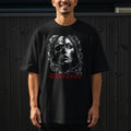 Black t-shirt with a skull and floral design and 