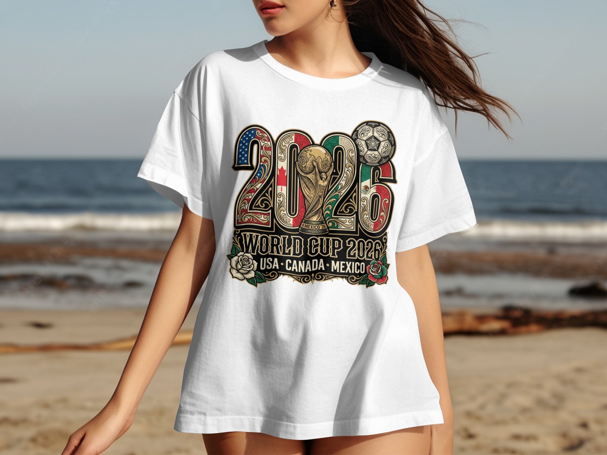 2026 World Cup USA Canada Mexico t-shirt with soccer ball.