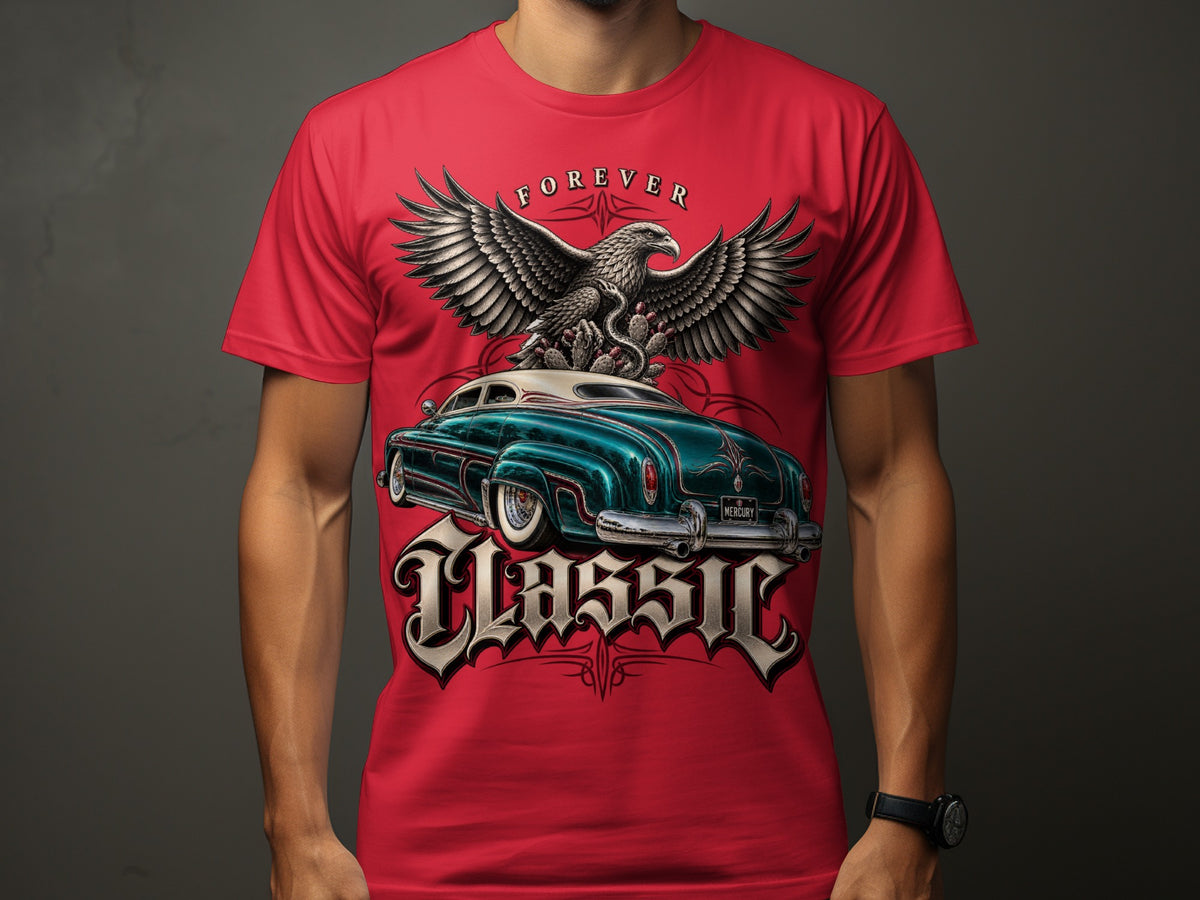 Red t-shirt with eagle, cactus, and classic Mercury car graphic reading "Forever Classic."
