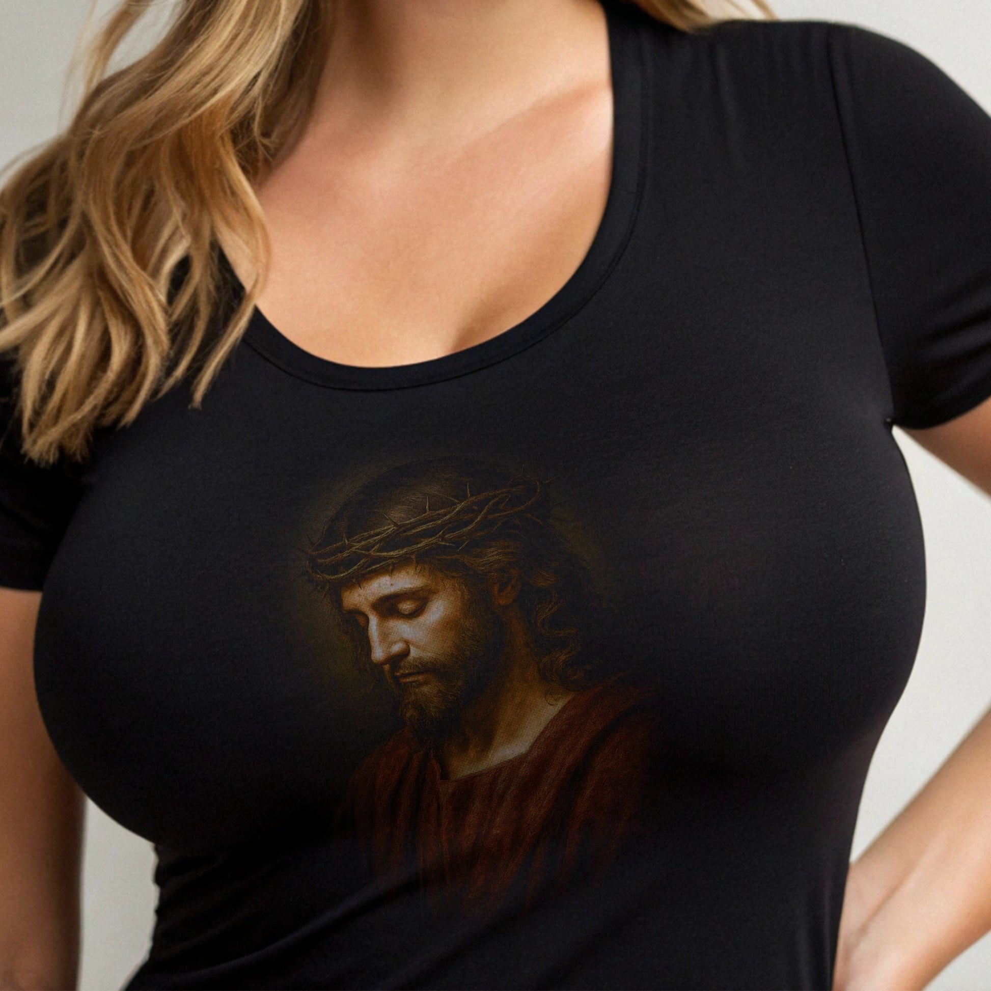 Black t-shirt with a realistic depiction of Jesus wearing a crown of thorns.