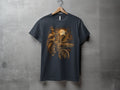T-shirt graphic of a person on a bicycle next to a classic car under a sunset.