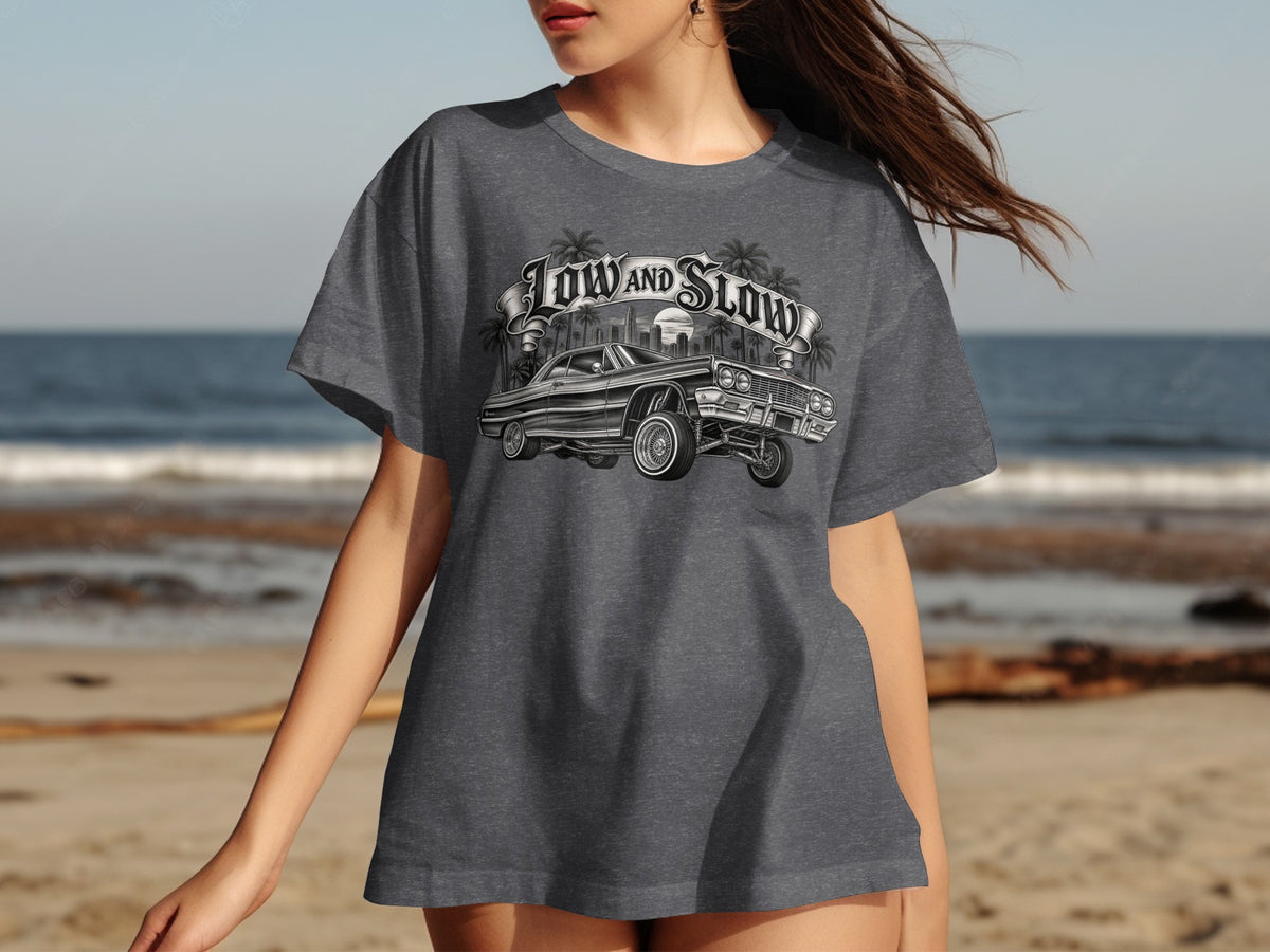 Charcoal t-shirt with "Low and Slow" text over a vintage lowrider car.