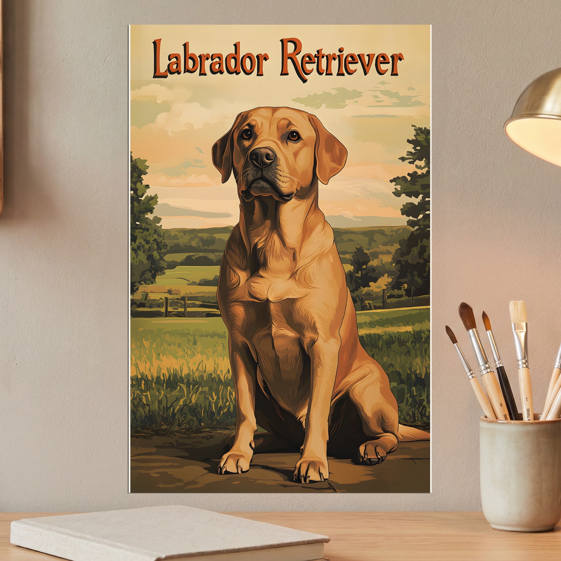 Yellow Labrador Retriever sitting outdoors, "Labrador Retriever" text above.