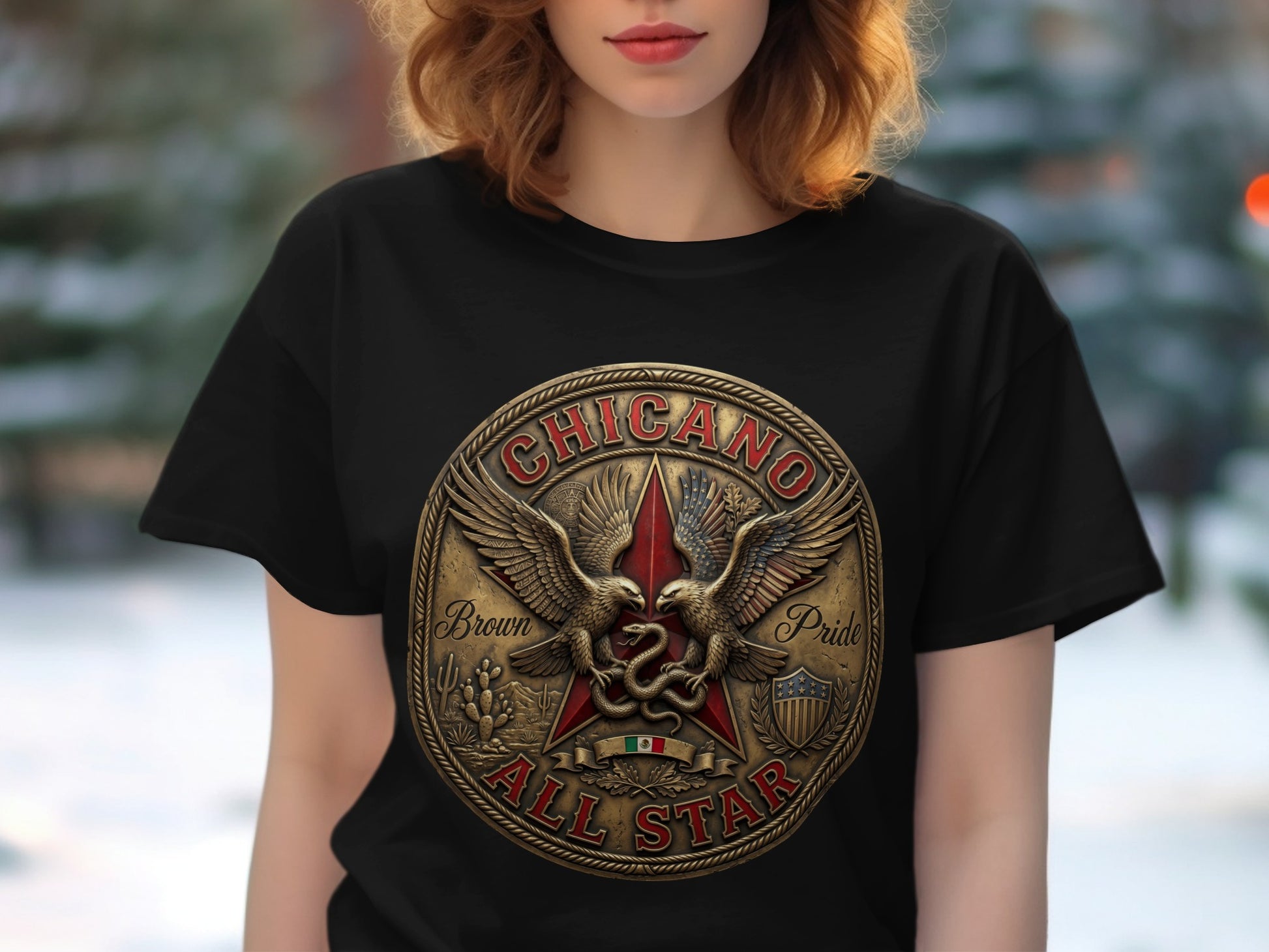 Black t-shirt featuring "Chicano Brown Pride All Star" logo with eagle and snake emblem.