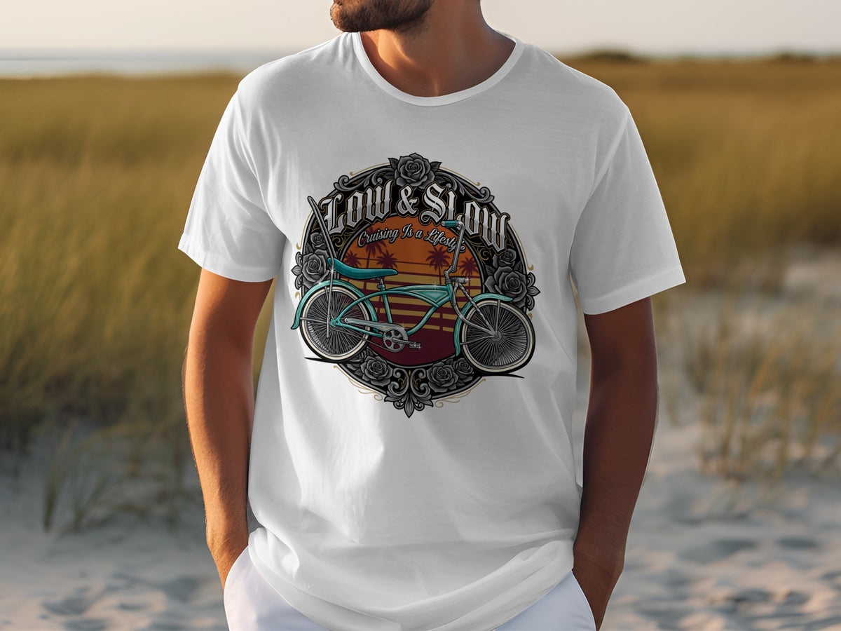 White t-shirt with a vintage bicycle graphic and text "Low & Slow Cruising Is a Lifestyle."