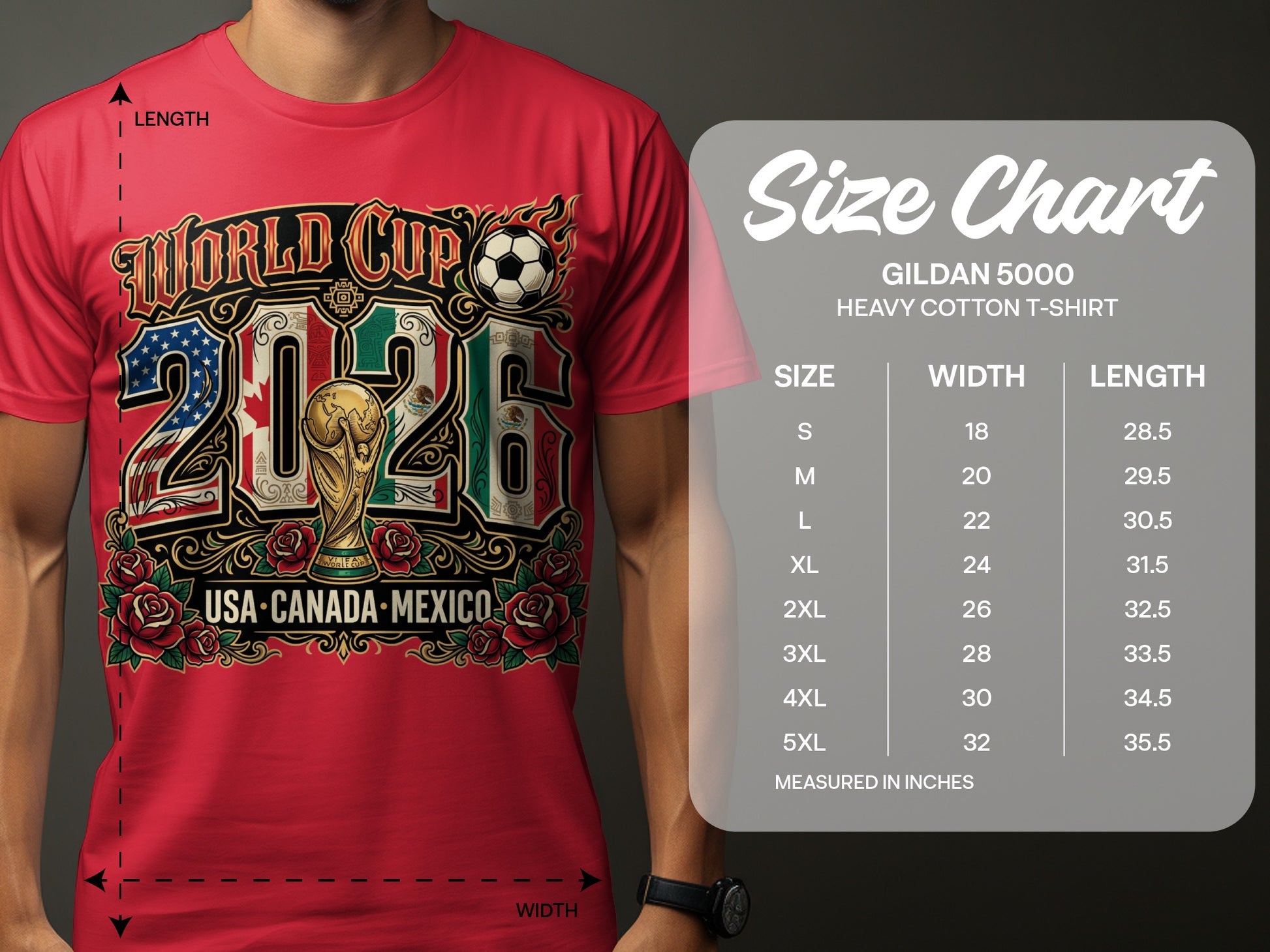 T-shirt size chart for World Cup 2026 USA-Canada-Mexico graphic tee.