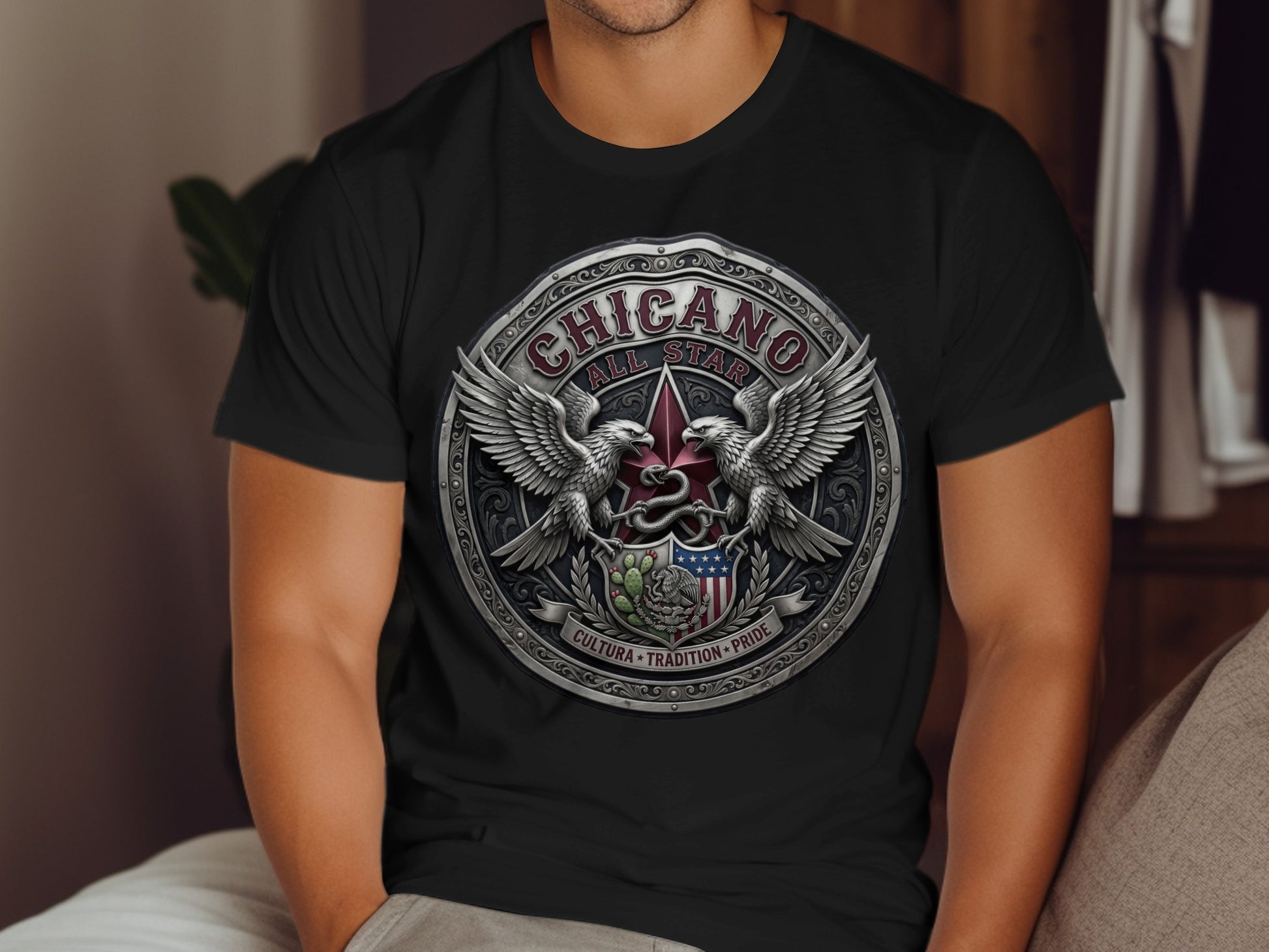 Black t-shirt with a circular Chicano All Star logo featuring eagles and an American flag.