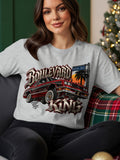 Grey t-shirt graphic with a red classic car, 