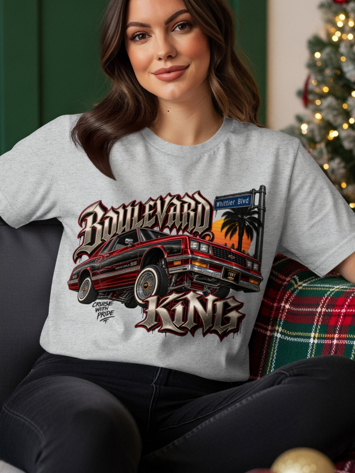 Grey t-shirt graphic with a red classic car, "Boulevard King", and "Whittier Blvd" street sign.