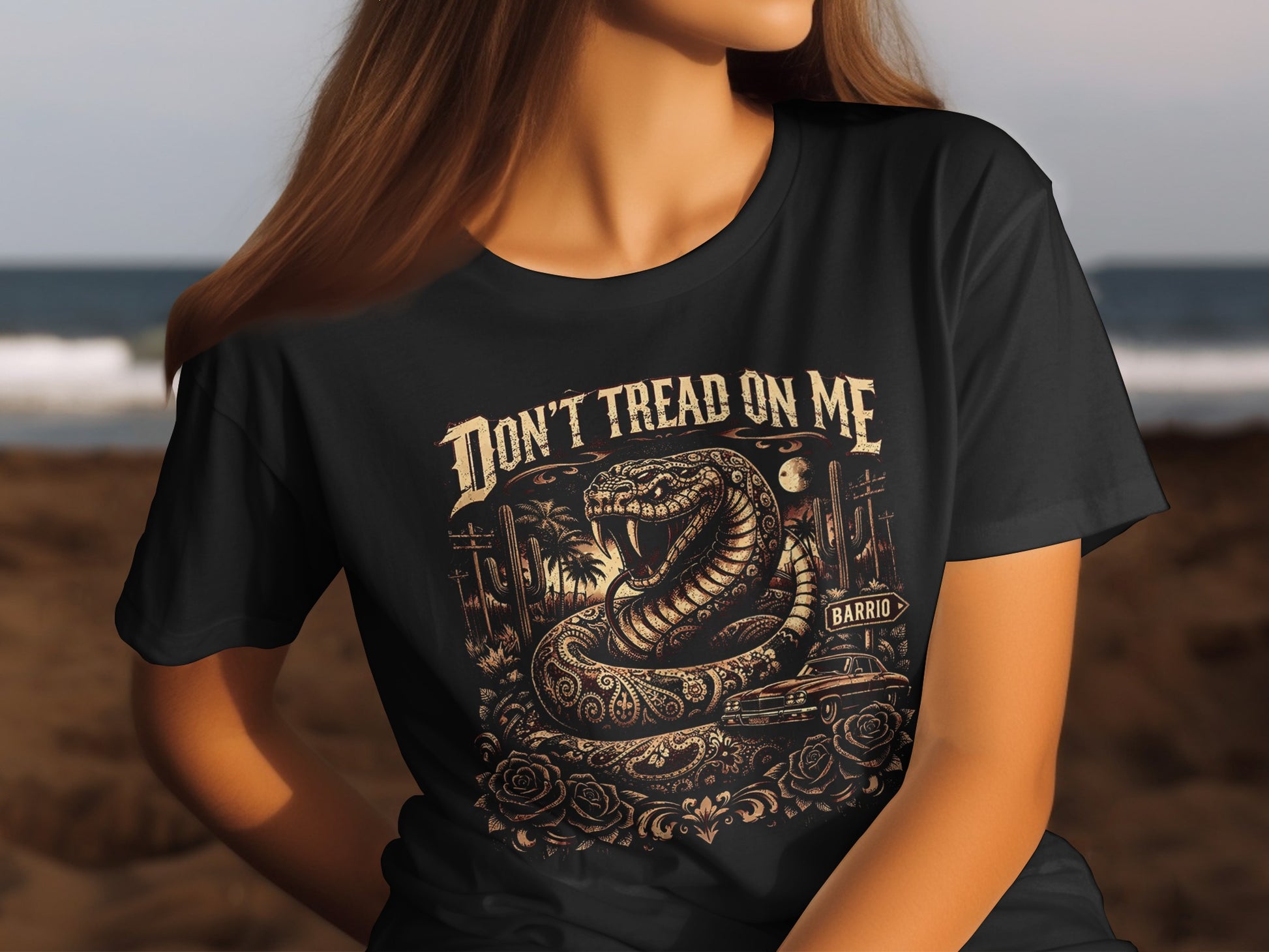 Black t-shirt with rattlesnake, palm trees, and "Don't Tread On Me" text.