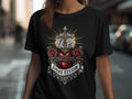Black t-shirt with Sacred Heart, cross, roses, and 