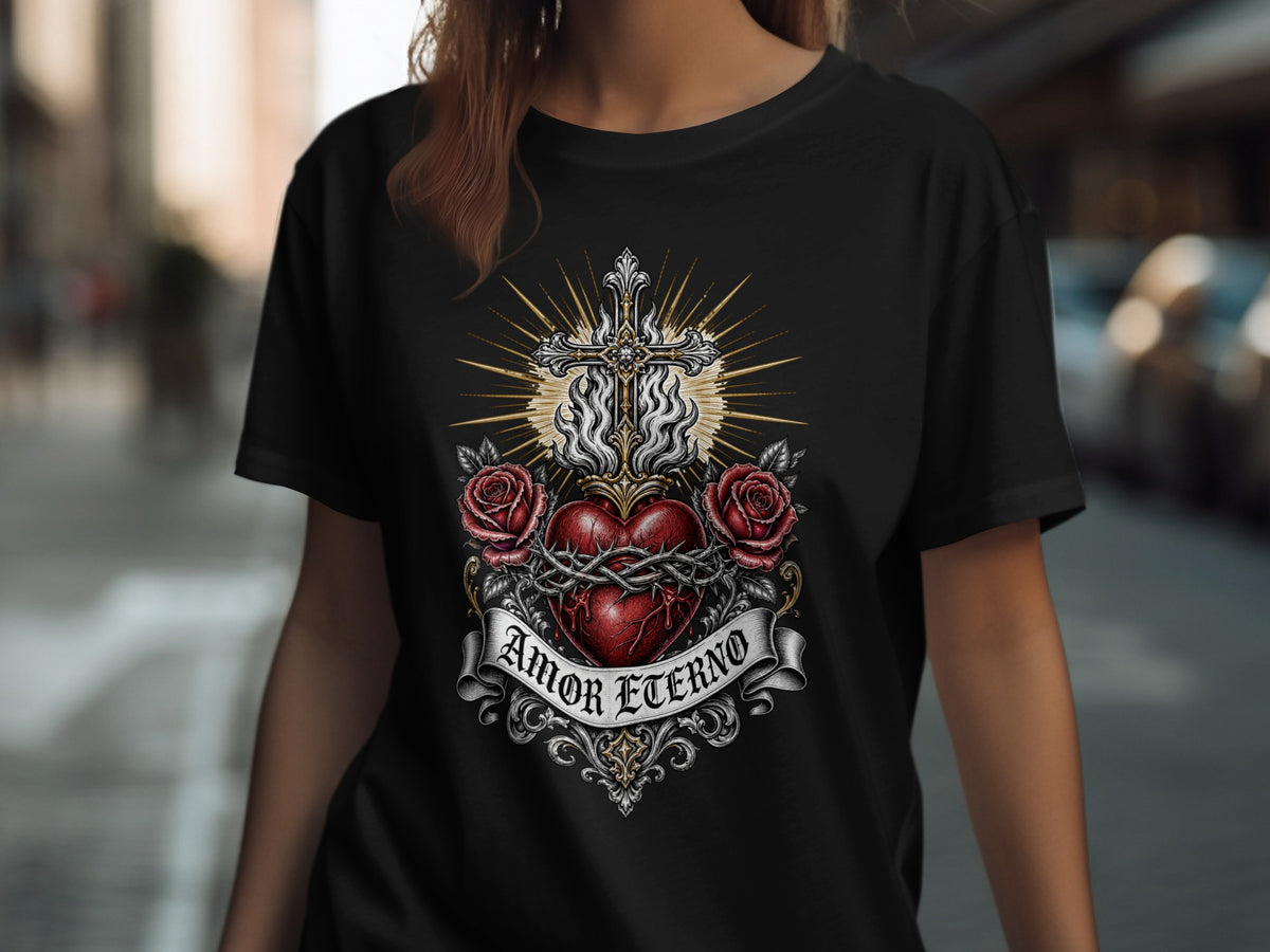 Black t-shirt with Sacred Heart, cross, roses, and "Amor Eterno" text.