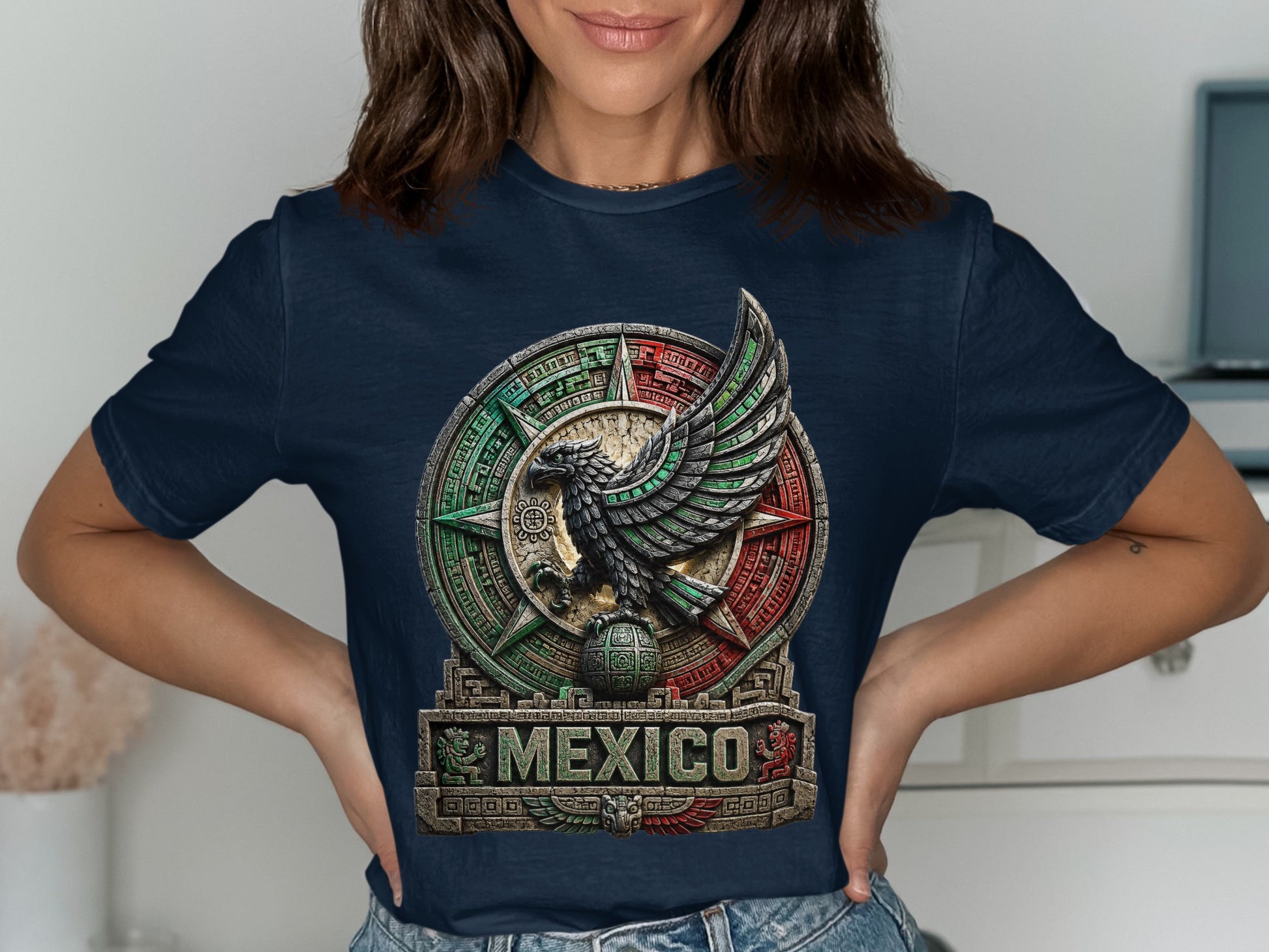 Navy t-shirt with a circular Mexican eagle and serpent emblem and "MEXICO" text.