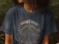 Dark t-shirt with circular Aztec-inspired 