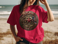 Crimson t-shirt featuring a circular 