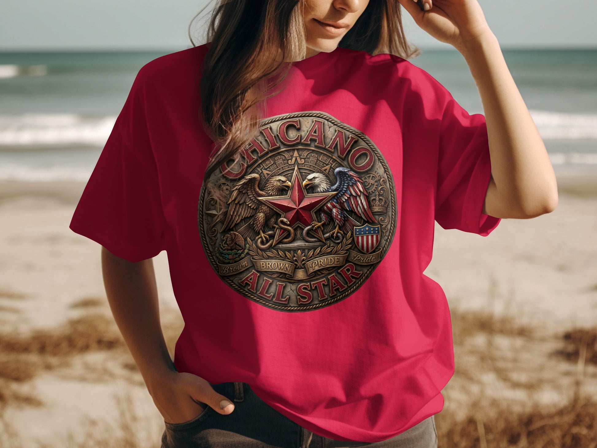 Crimson t-shirt featuring a circular "Chicano All Star" emblem with eagle and star.