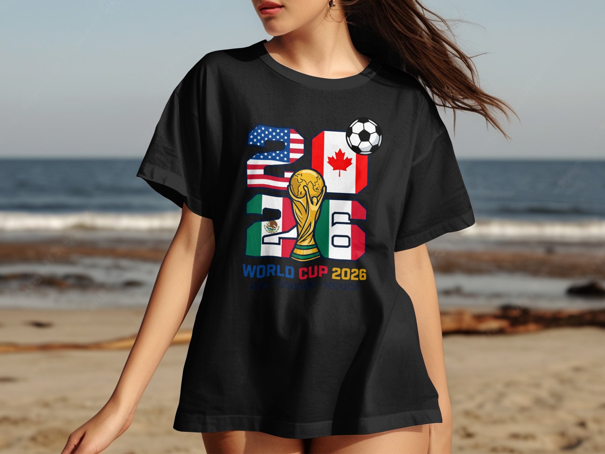 Black t-shirt with 2026 World Cup logo, USA, Mexico, and Canada flags.