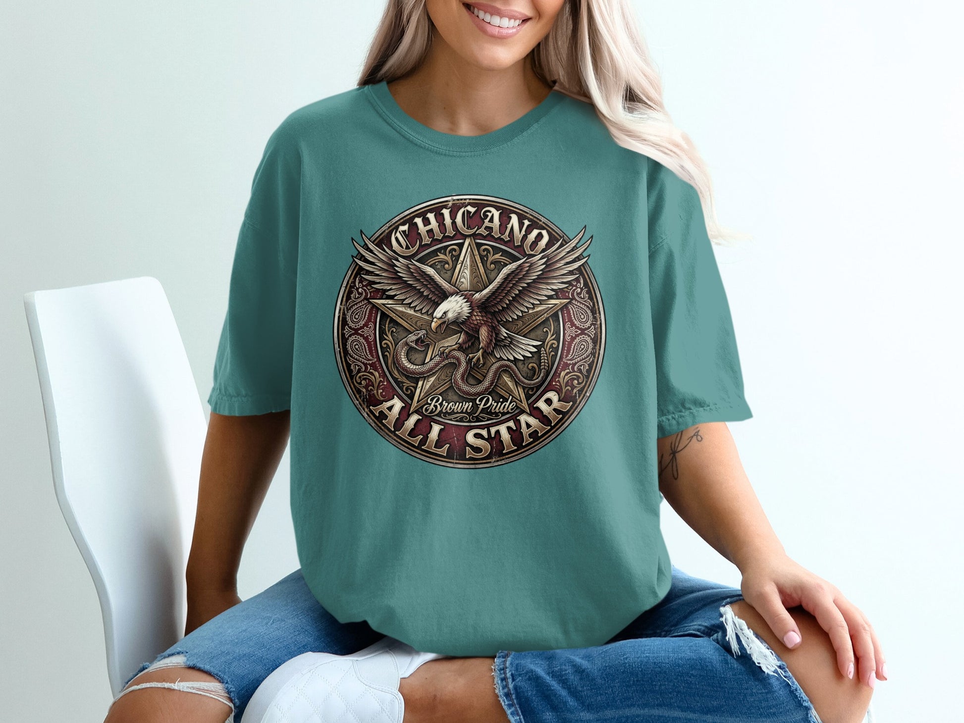 Chicano All Star brown pride eagle star graphic tee.