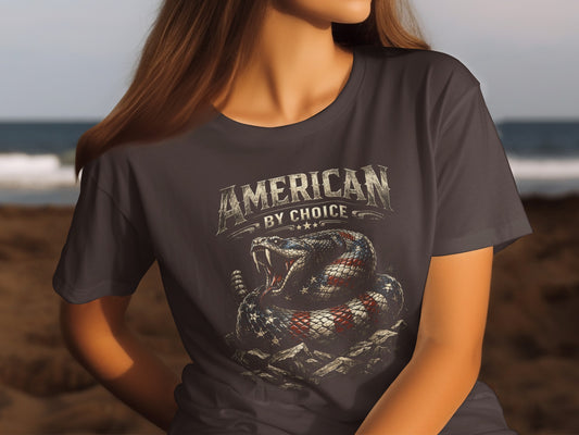 T-shirt with a coiled snake, American flag, and "American by Choice" text.