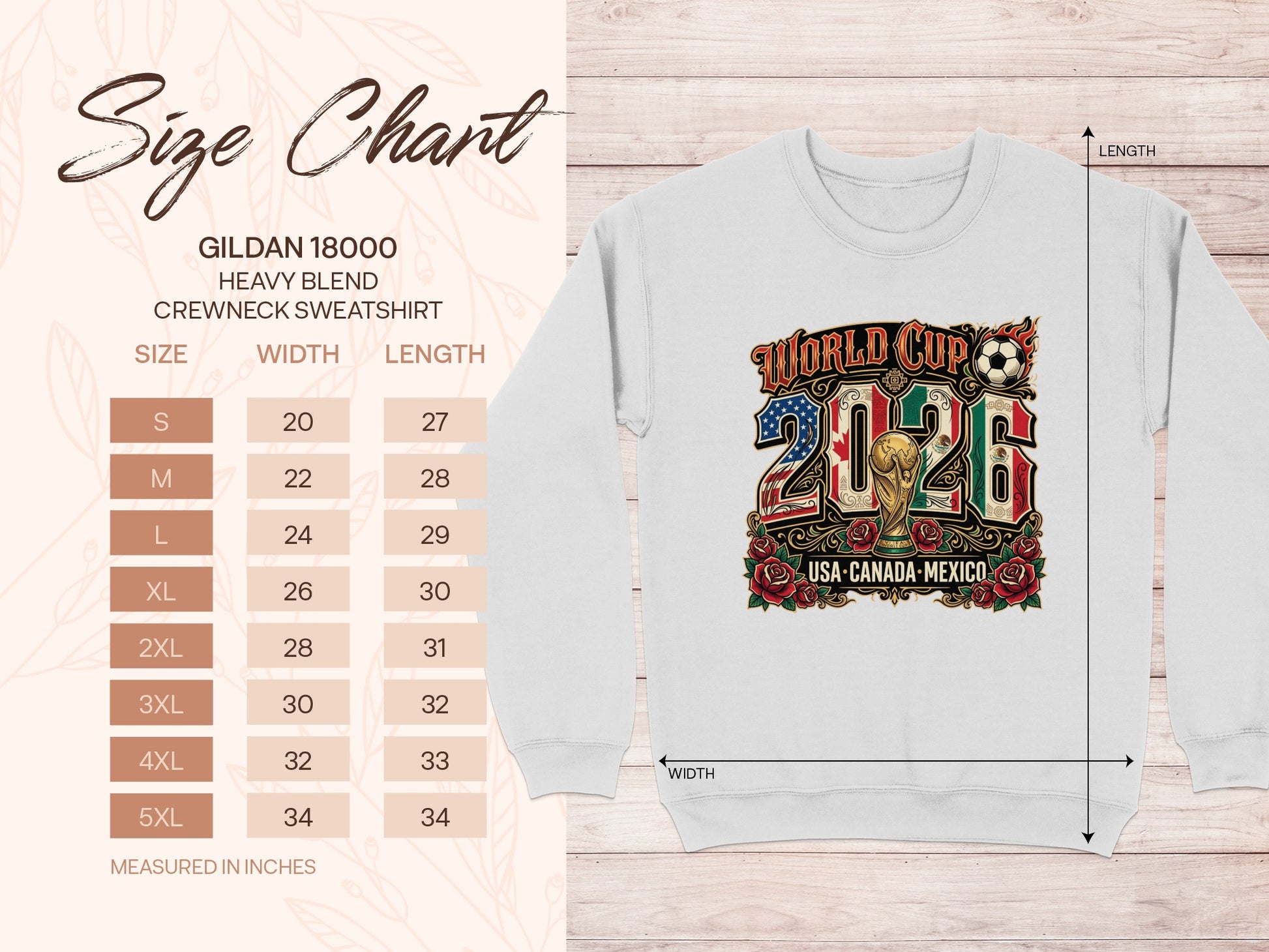 Gildan 18000 sweatshirt size chart and World Cup 2026 graphic.