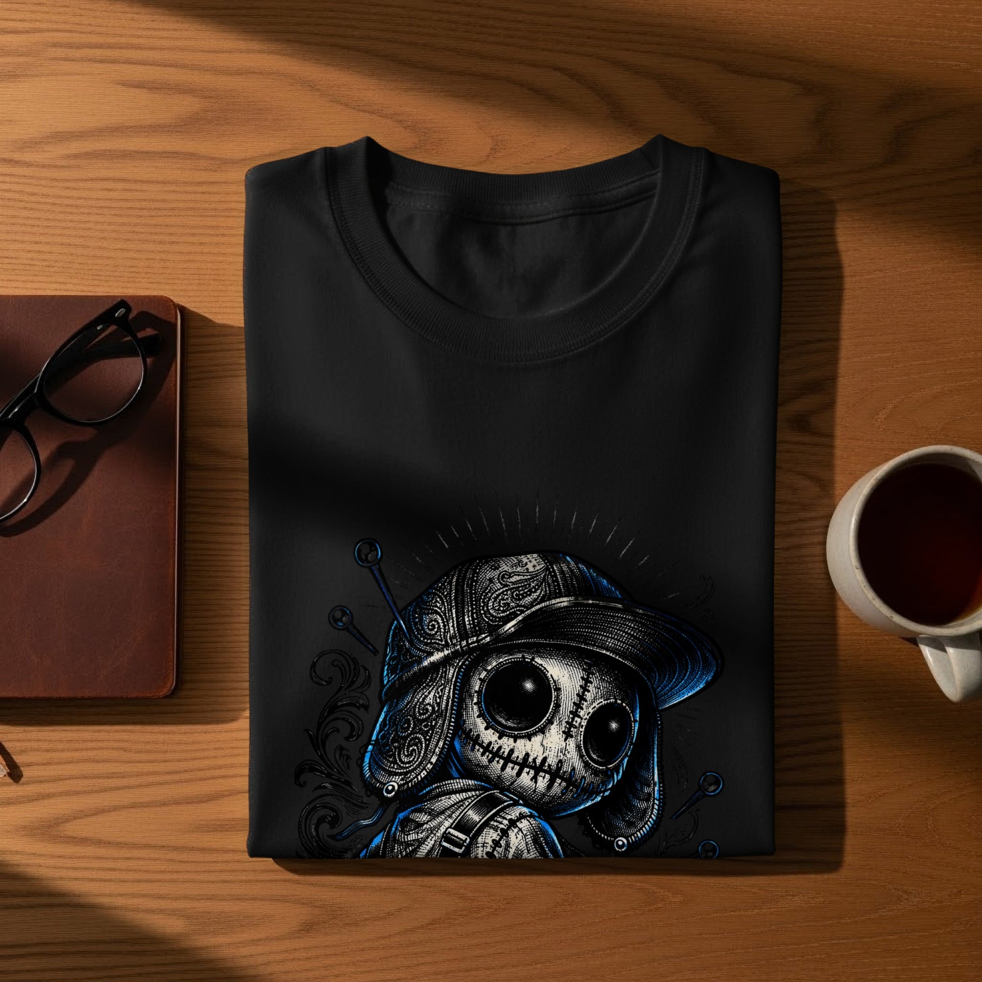 Black t-shirt with a stylized doll graphic wearing a baseball cap.