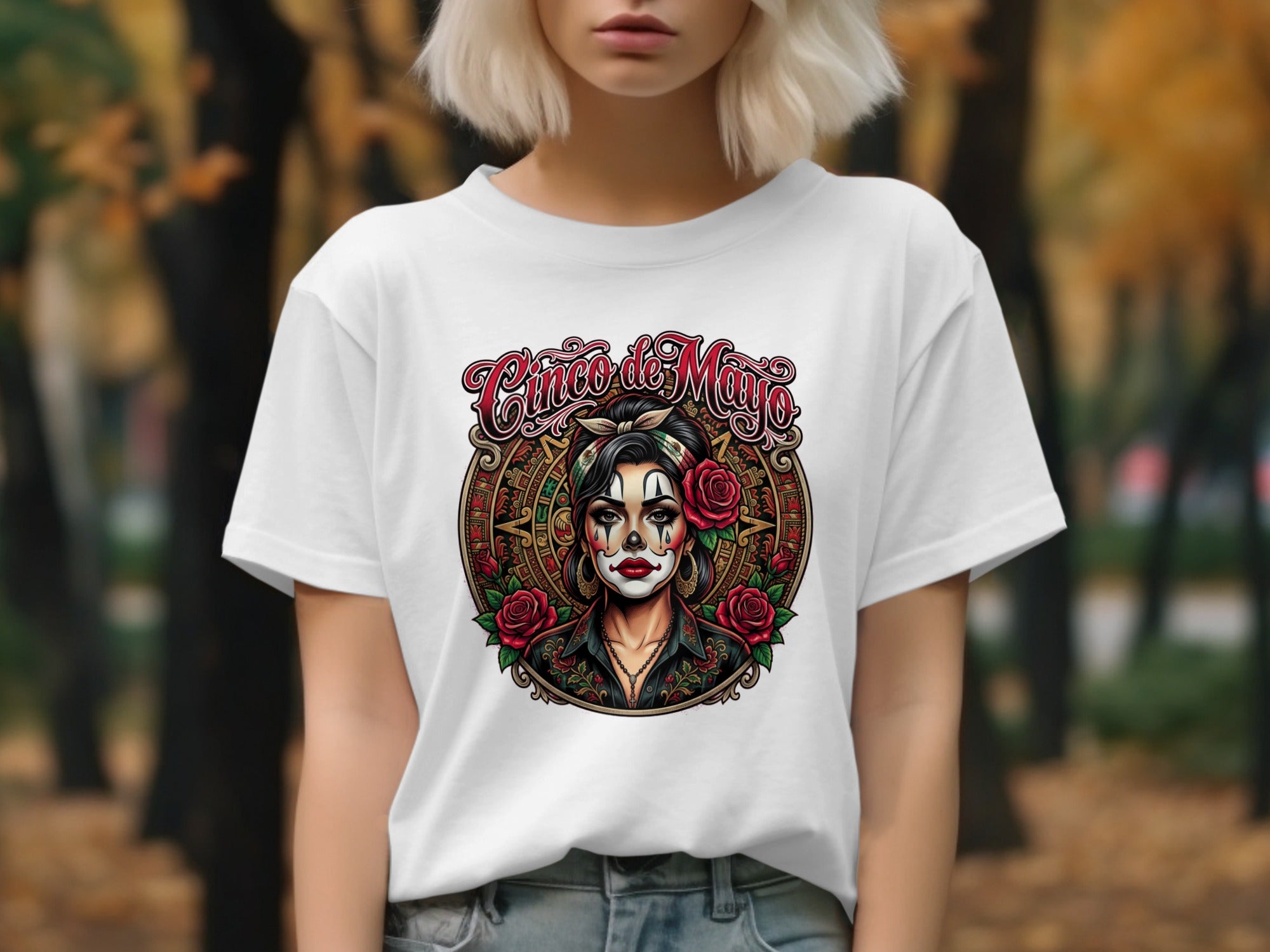 White t-shirt with a Cinco de Mayo skull graphic and roses.