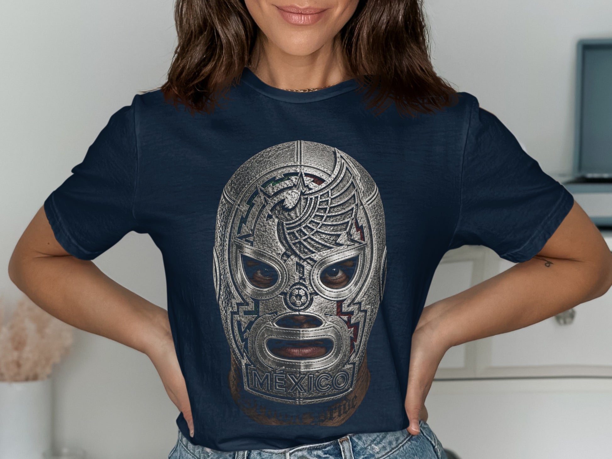 Navy t-shirt featuring a silver lucha libre mask with intricate detailing and "MEXICO" text.