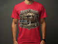 Brown Pride Lowrider Tradition graphic with vintage truck and roses on a red t-shirt.