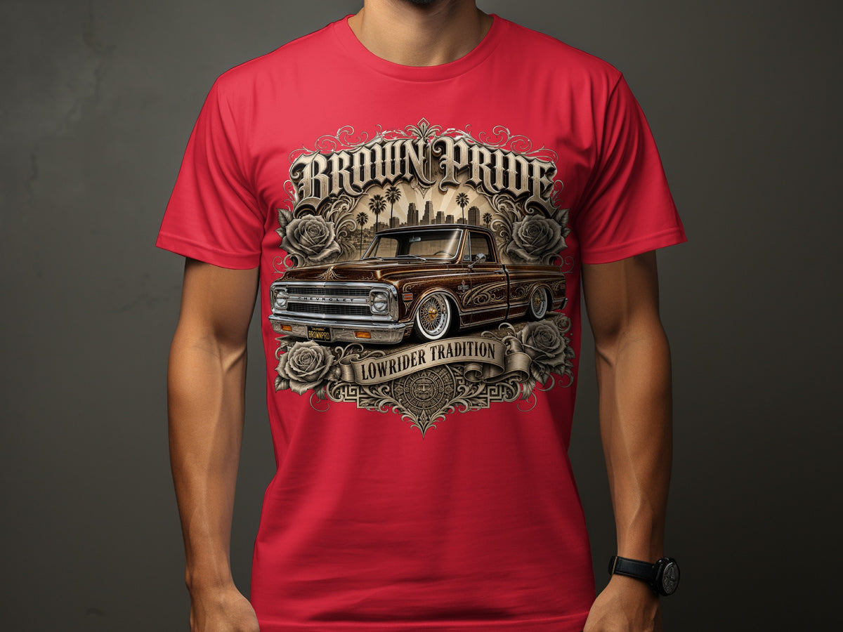 Brown Pride Lowrider Tradition graphic with vintage truck and roses on a red t-shirt.