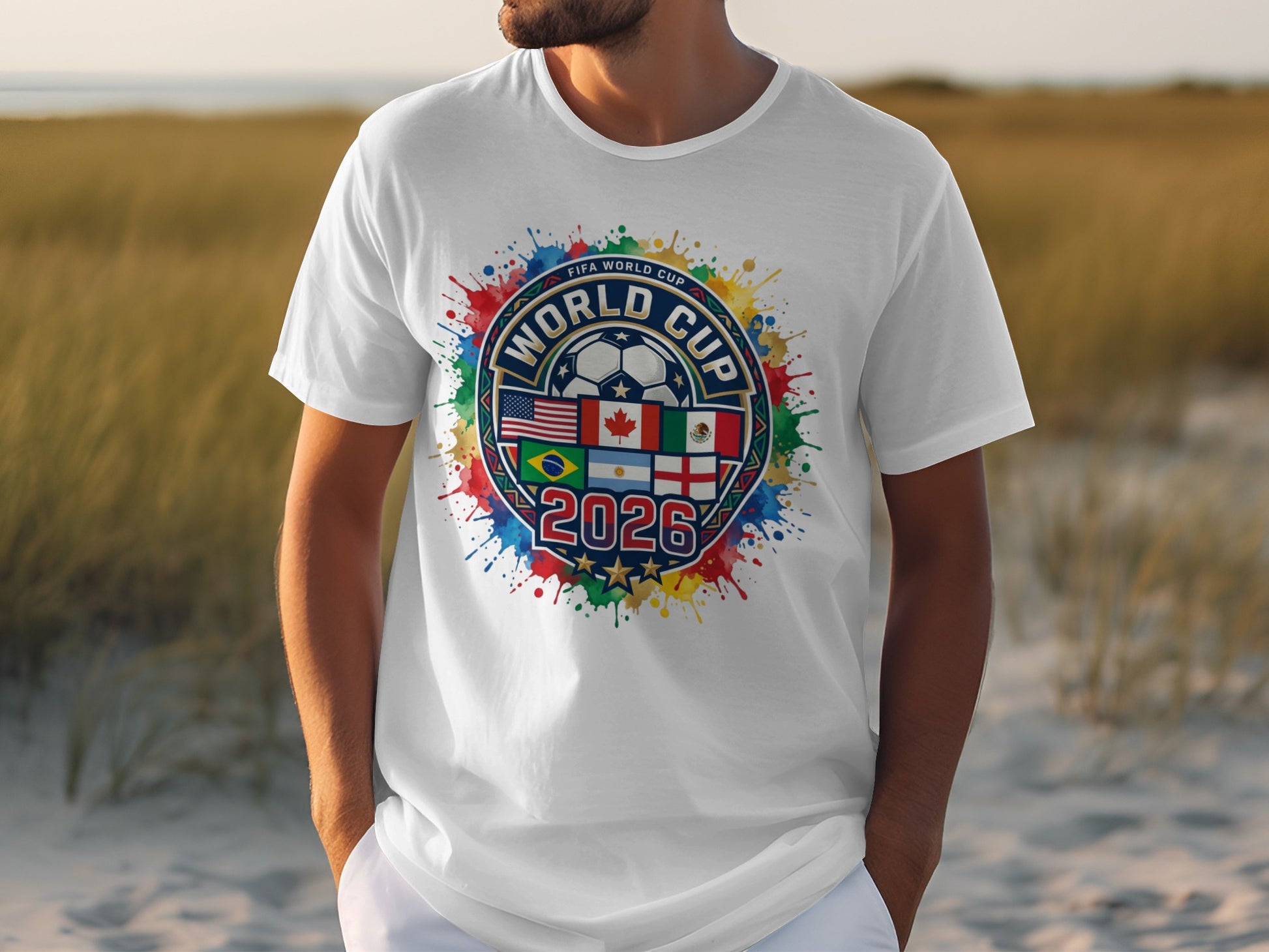 World Cup 2026 shirt with national flags and colorful paint splatters.
