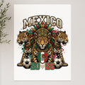 Three jaguars with Mexican flag headdresses flank soccer balls, text 