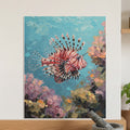 Oil painting of a lionfish swimming amidst colorful coral.
