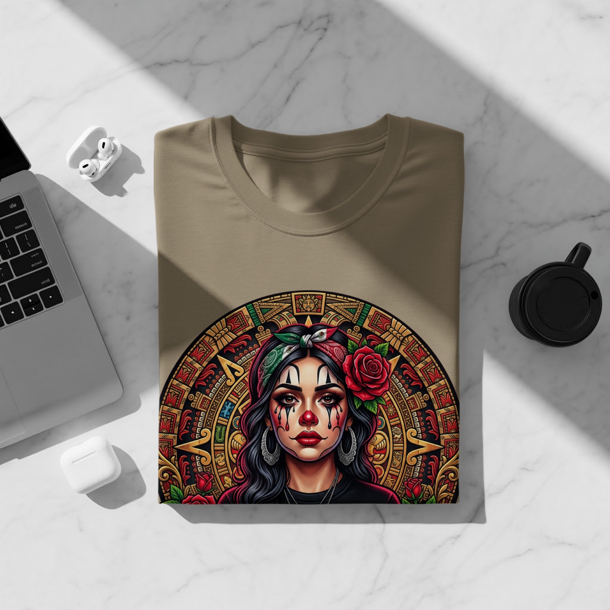 T-shirt featuring a colorful Aztec calendar design and a woman with clown makeup.