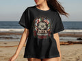 Black t-shirt with 2026 World Cup graphic featuring flags, soccer ball, and roses.