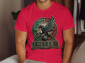 Red t-shirt with circular Aztec-inspired eagle emblem and 