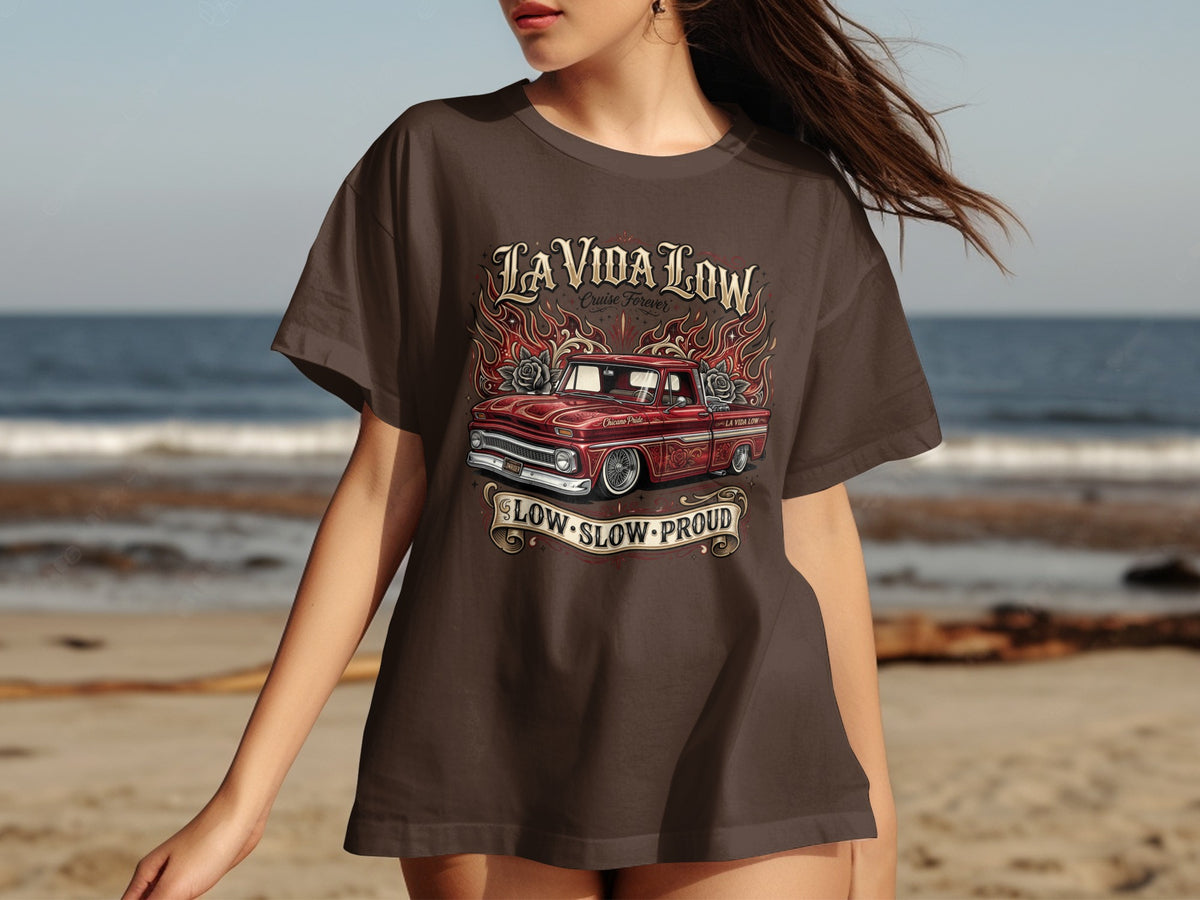 Brown t-shirt with "La Vida Low Cruise Forever" and a red lowrider truck graphic.